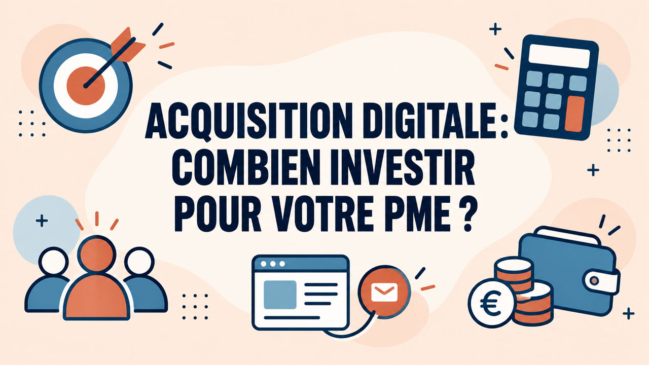 udget d’acquisition digitale d’une PME illustré par des objectifs commerciaux, des prospects et une calculatrice